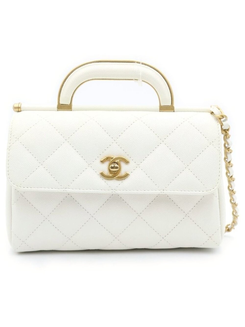 Chanel Quilted 2-Way Chain Shoulder Bag Caviar Leather White Gold